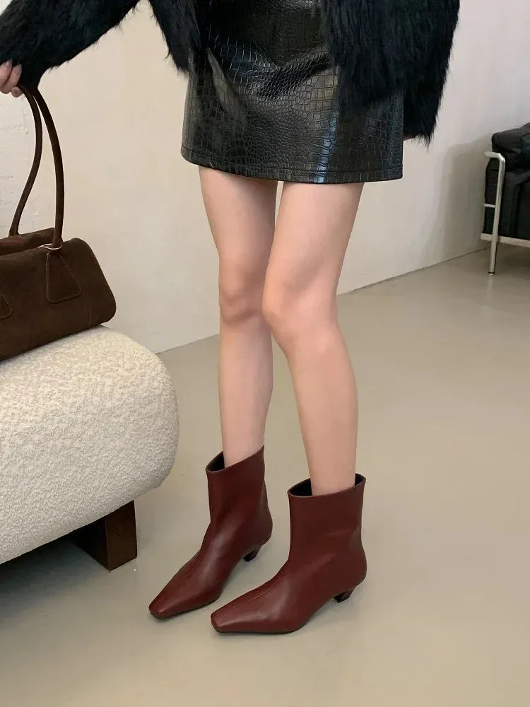 Handmade Pointed Toe Ankle Boots for Women – Slip-On Low Heel Street Style Party & Banquet Short Boots