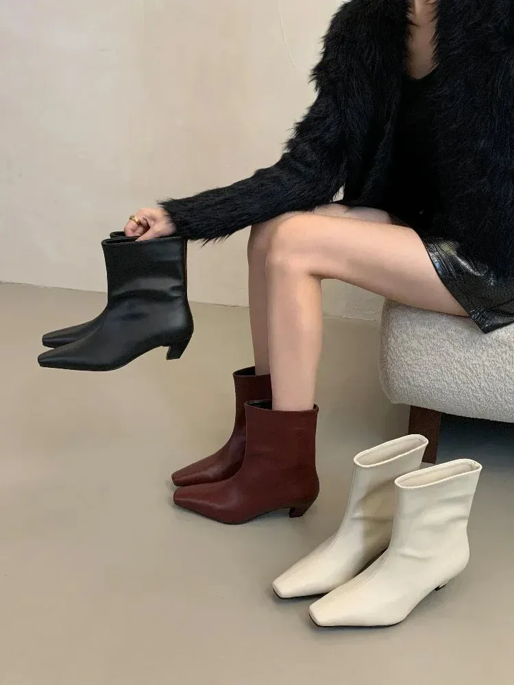 Handmade Pointed Toe Ankle Boots for Women – Slip-On Low Heel Street Style Party & Banquet Short Boots
