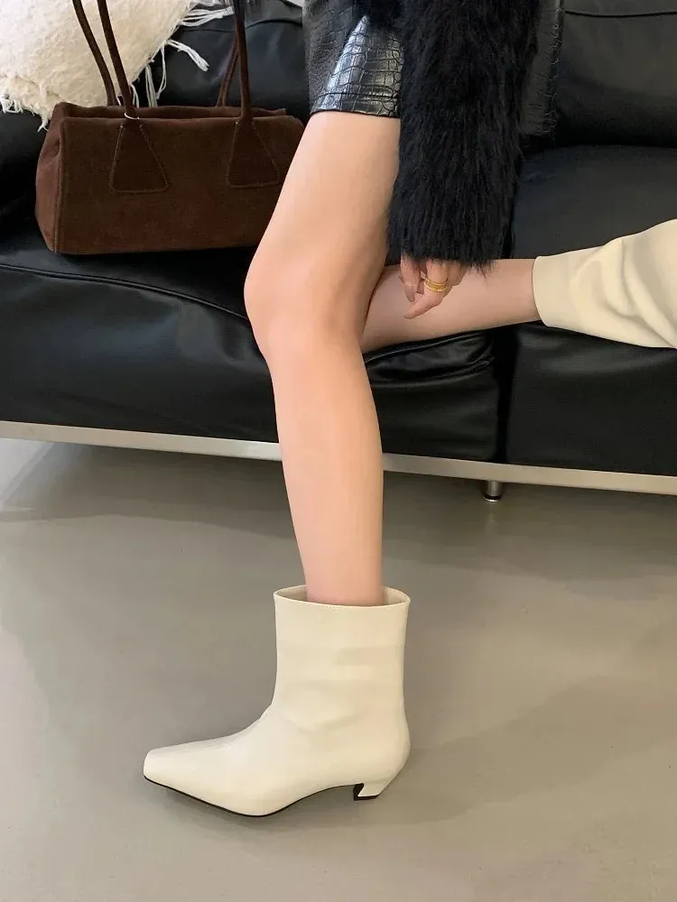 Handmade Pointed Toe Ankle Boots for Women – Slip-On Low Heel Street Style Party & Banquet Short Boots