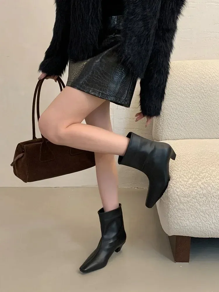 Handmade Pointed Toe Ankle Boots for Women – Slip-On Low Heel Street Style Party & Banquet Short Boots