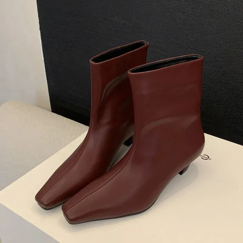 Handmade Pointed Toe Ankle Boots for Women – Slip-On Low Heel Street Style Party & Banquet Short Boots