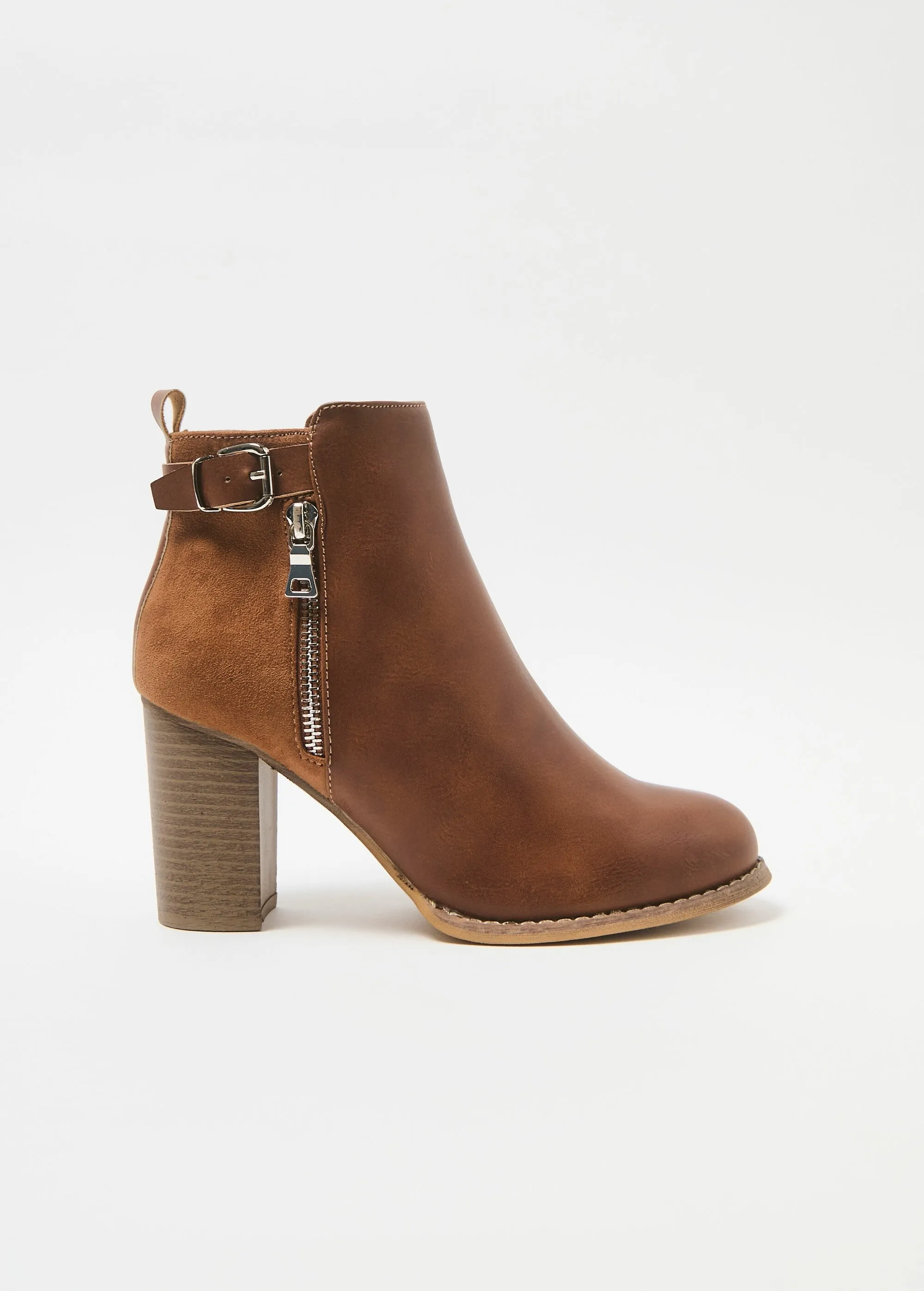 High heeled bi-material boots with buckle and zip