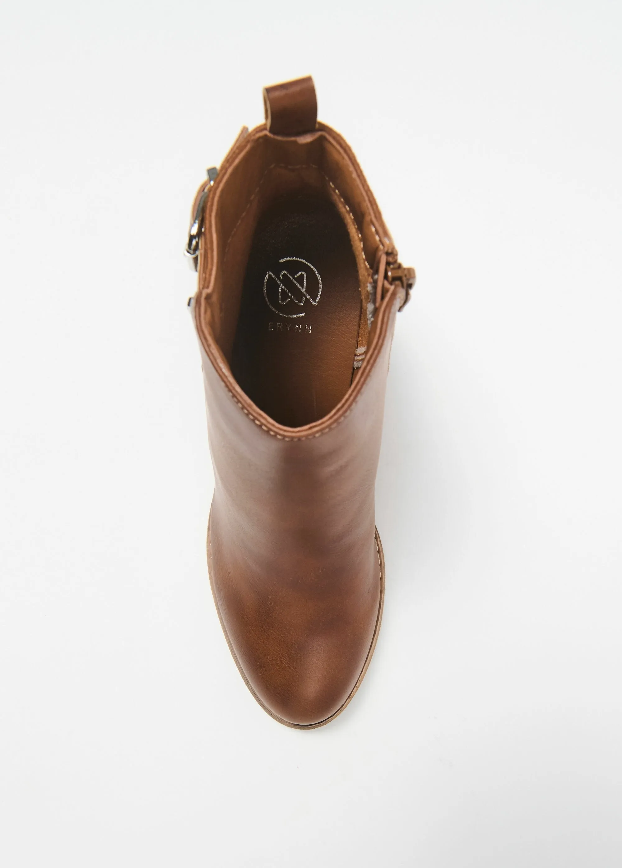 High heeled bi-material boots with buckle and zip