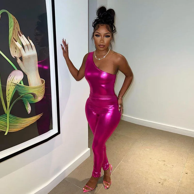 High-Shine Metallic One-Shoulder Jumpsuit and Fitted Pants Set