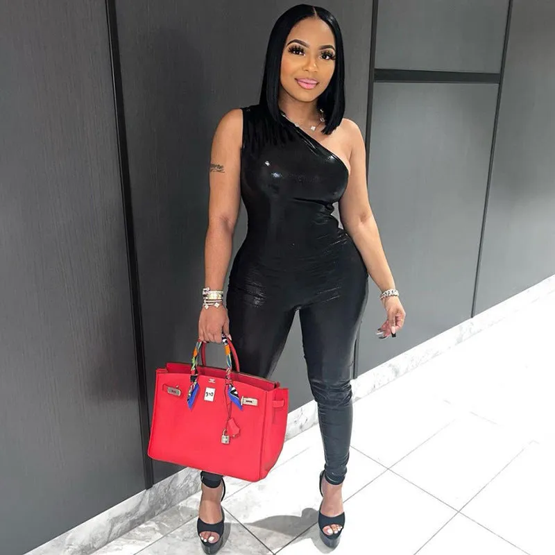 High-Shine Metallic One-Shoulder Jumpsuit and Fitted Pants Set