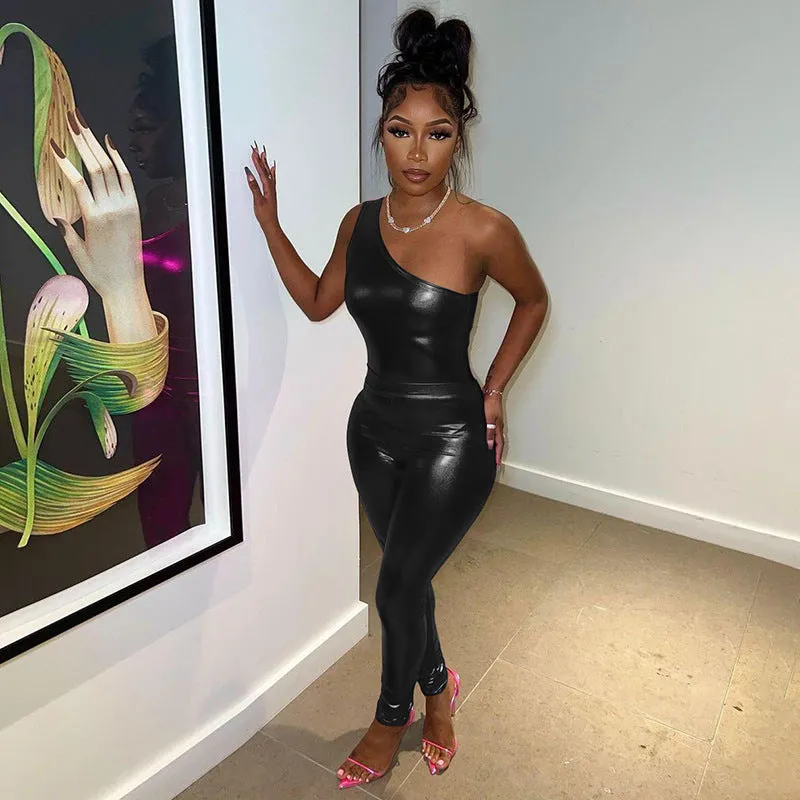 High-Shine Metallic One-Shoulder Jumpsuit and Fitted Pants Set