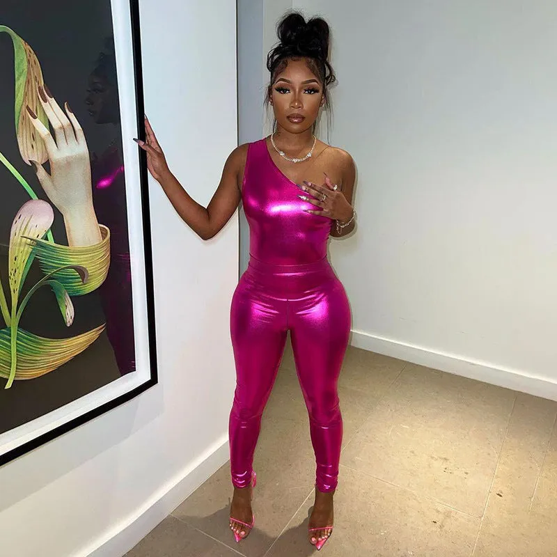 High-Shine Metallic One-Shoulder Jumpsuit and Fitted Pants Set
