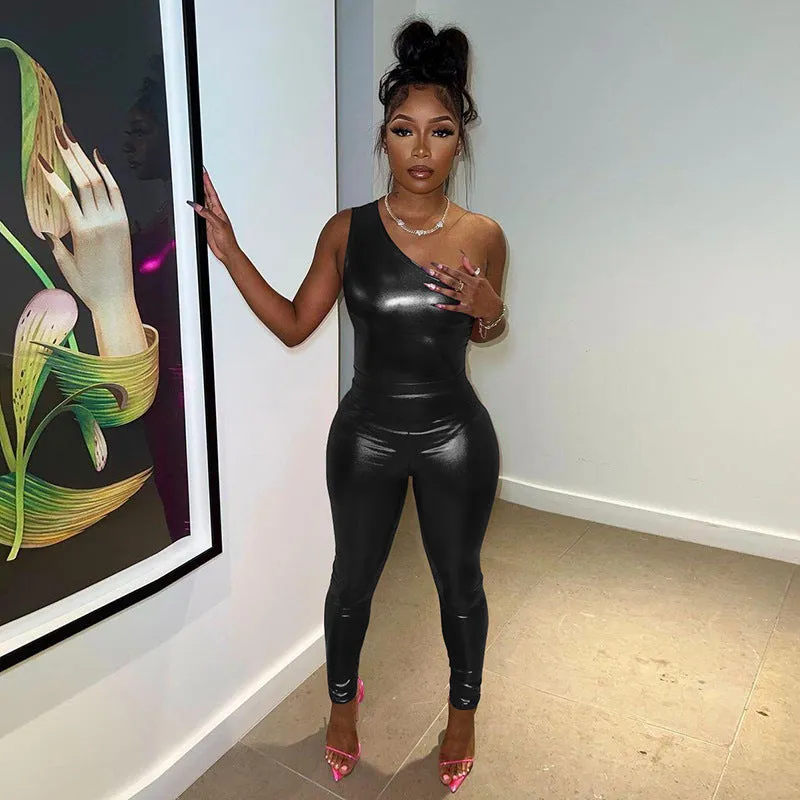 High-Shine Metallic One-Shoulder Jumpsuit and Fitted Pants Set