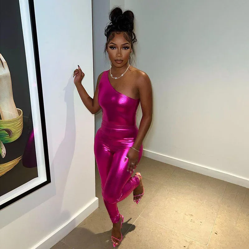 High-Shine Metallic One-Shoulder Jumpsuit and Fitted Pants Set