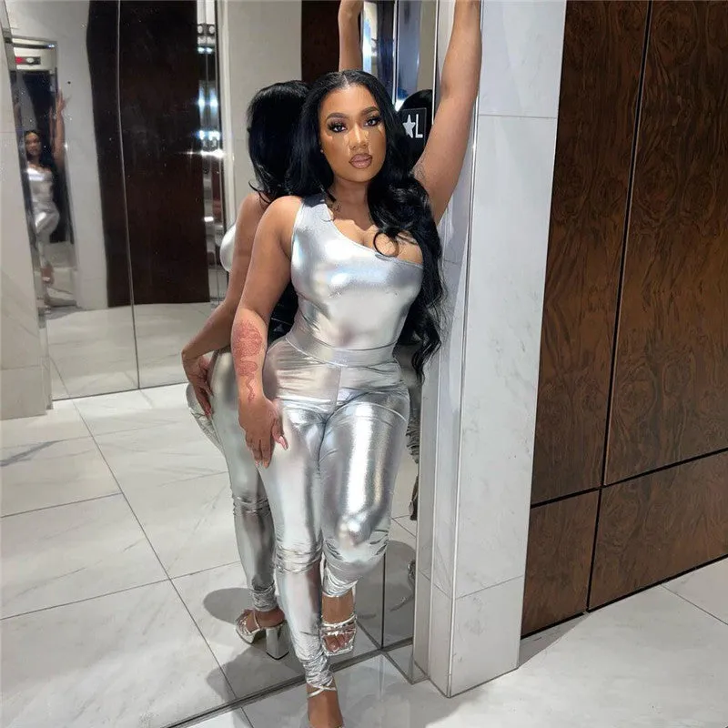 High-Shine Metallic One-Shoulder Jumpsuit and Fitted Pants Set