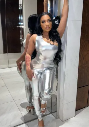 High-Shine Metallic One-Shoulder Jumpsuit and Fitted Pants Set