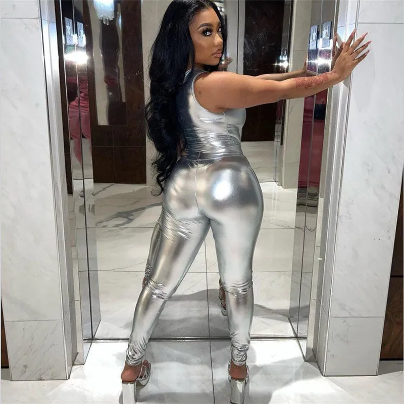 High-Shine Metallic One-Shoulder Jumpsuit and Fitted Pants Set