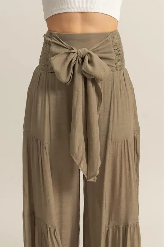 HYFVE Front Tie Waist Tiered Palazzo Pants