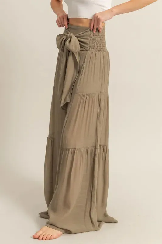 HYFVE Front Tie Waist Tiered Palazzo Pants