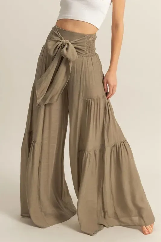 HYFVE Front Tie Waist Tiered Palazzo Pants