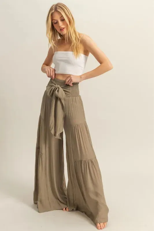 HYFVE Front Tie Waist Tiered Palazzo Pants
