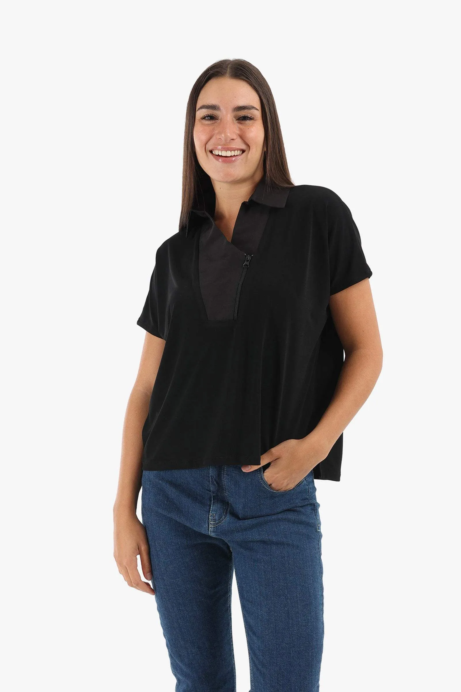 Johnny Collar Black Blouse