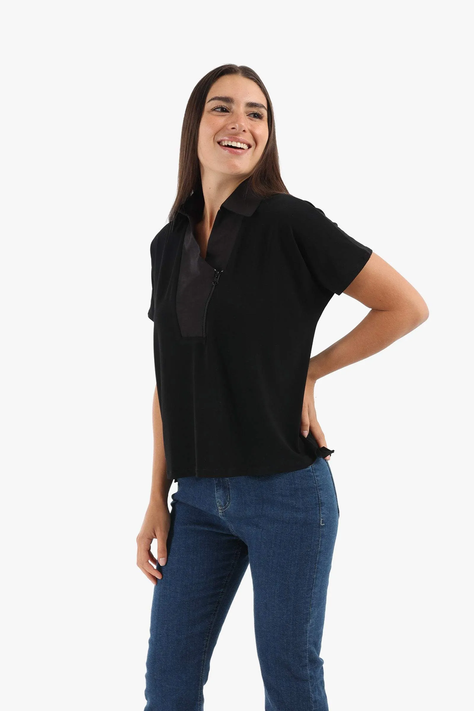 Johnny Collar Black Blouse