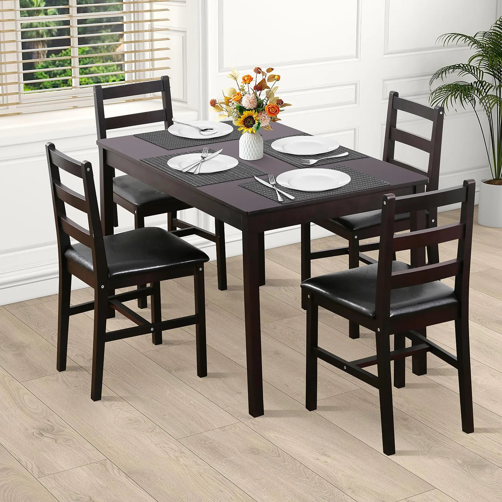 Kitchen Table Set 5 Piece Dining Table Set Sturdy Wooden Square Table and Chair Breakfast Table Set for 4 Person, Small Dining Room Table Set for Restaurant Home Kitchen Living Room, Brown