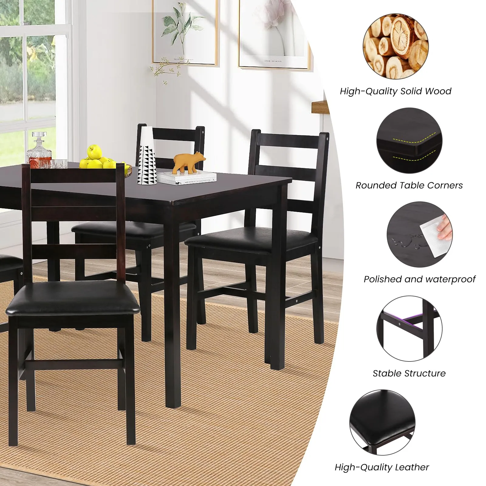 Kitchen Table Set 5 Piece Dining Table Set Sturdy Wooden Square Table and Chair Breakfast Table Set for 4 Person, Small Dining Room Table Set for Restaurant Home Kitchen Living Room, Brown