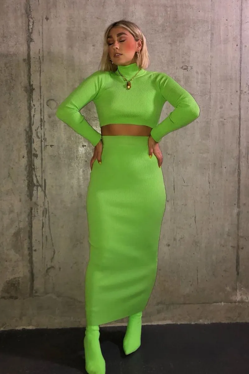 Lime Rib Knitted Midi Skirt - Kloey