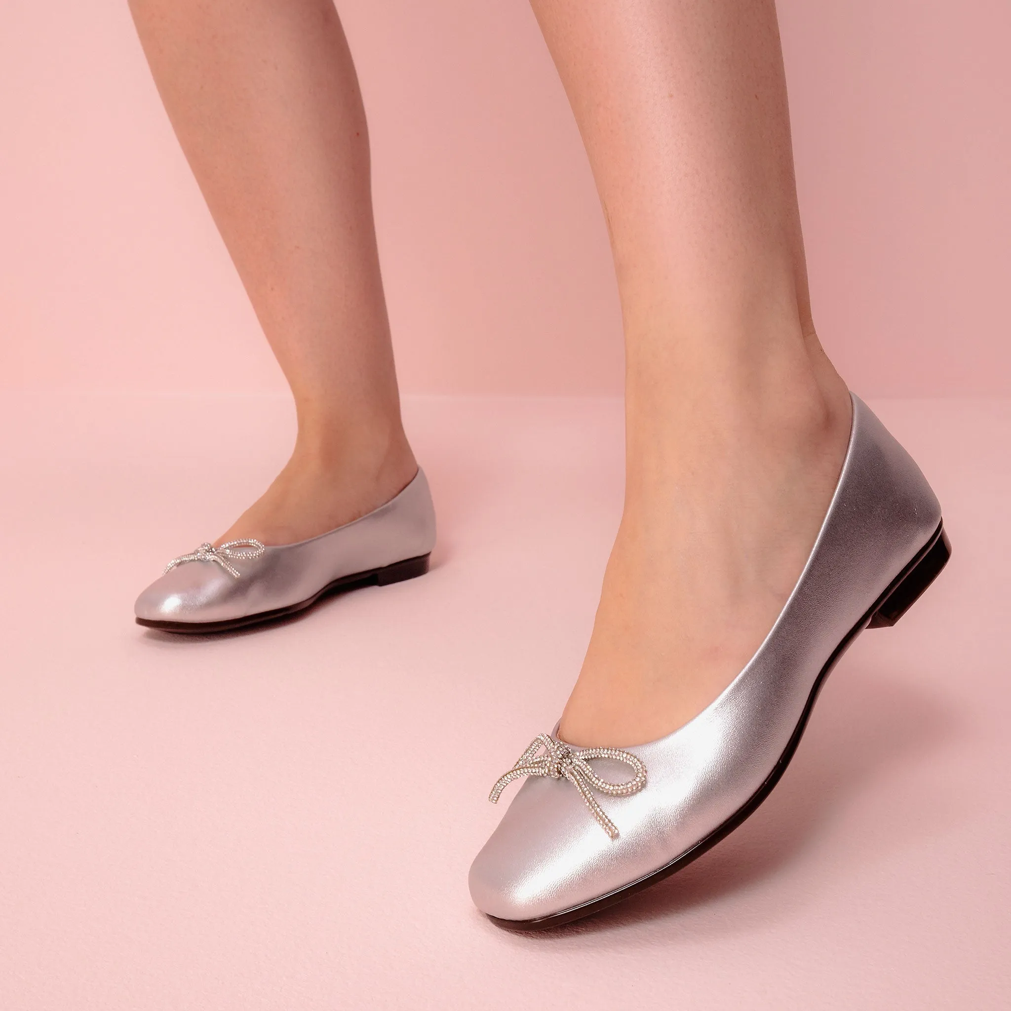 Lucia Metallic Silver Bow Ballet Flats