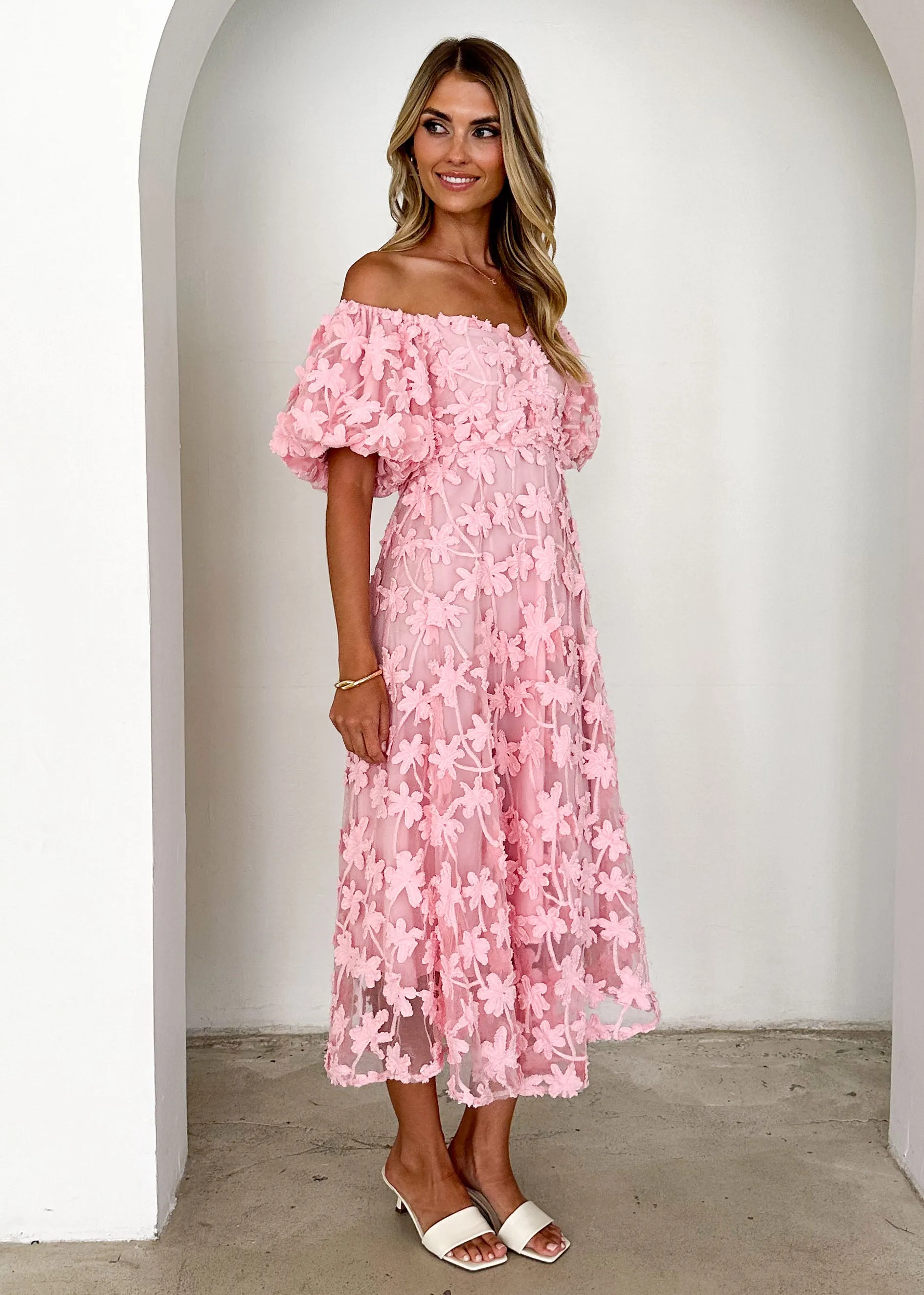 Maliah Off Shoulder Midi Dress - Pink Lace