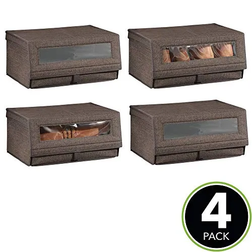 mDesign Fabric Large Storage Box Bin with Clear Window, Hinged Lid - Holder for Men's and Women's Dress Shoes, Boots, Pumps, Sandals, Flats - Modern Closet Organizer Solution, 4 Pack - Espresso Brown