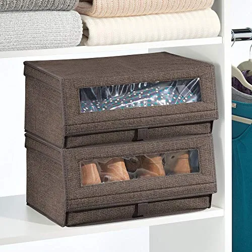 mDesign Fabric Large Storage Box Bin with Clear Window, Hinged Lid - Holder for Men's and Women's Dress Shoes, Boots, Pumps, Sandals, Flats - Modern Closet Organizer Solution, 4 Pack - Espresso Brown