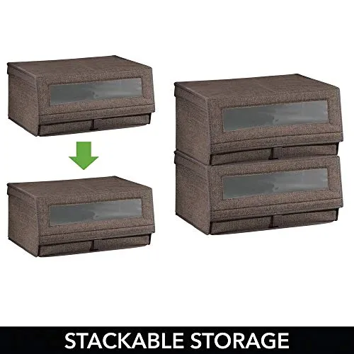 mDesign Fabric Large Storage Box Bin with Clear Window, Hinged Lid - Holder for Men's and Women's Dress Shoes, Boots, Pumps, Sandals, Flats - Modern Closet Organizer Solution, 4 Pack - Espresso Brown