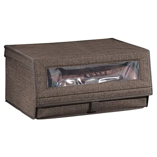 mDesign Fabric Large Storage Box Bin with Clear Window, Hinged Lid - Holder for Men's and Women's Dress Shoes, Boots, Pumps, Sandals, Flats - Modern Closet Organizer Solution, 4 Pack - Espresso Brown