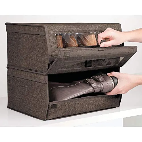 mDesign Fabric Large Storage Box Bin with Clear Window, Hinged Lid - Holder for Men's and Women's Dress Shoes, Boots, Pumps, Sandals, Flats - Modern Closet Organizer Solution, 4 Pack - Espresso Brown