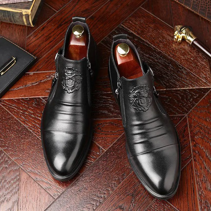Men's Leather Ankle Boots with Double Side Zipper and Pointed Toe（50% OFF）