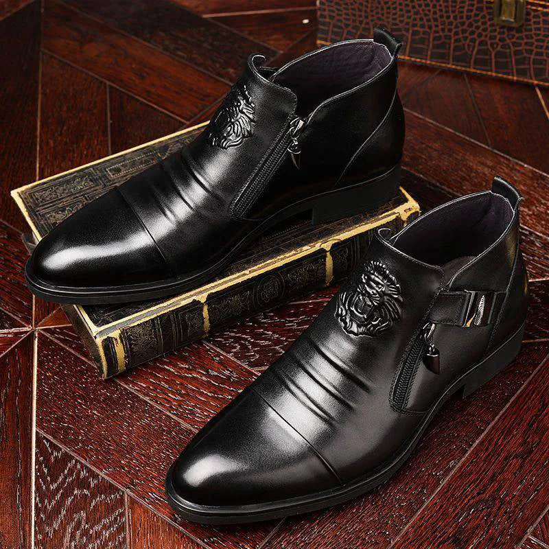 Men's Leather Ankle Boots with Double Side Zipper and Pointed Toe（50% OFF）