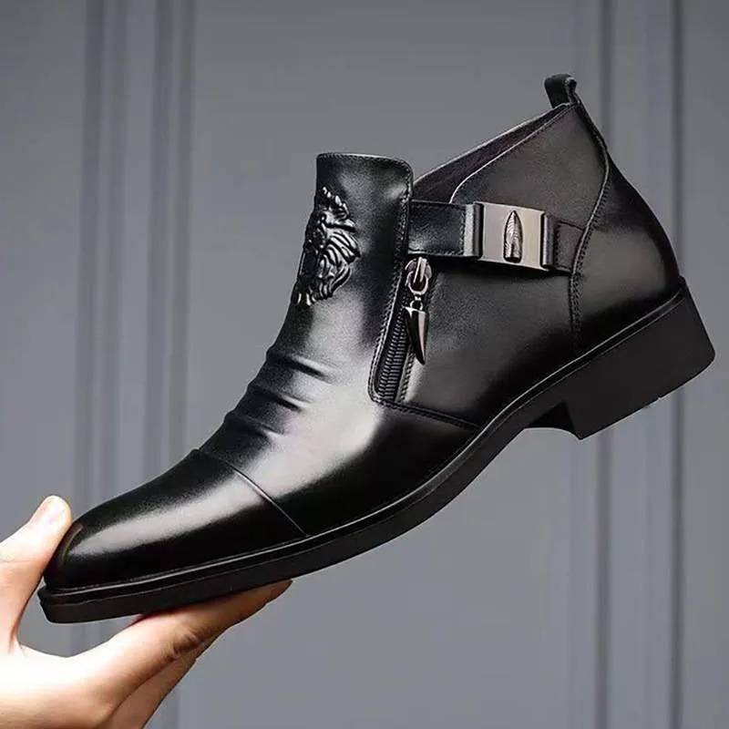 Men's Leather Ankle Boots with Double Side Zipper and Pointed Toe（50% OFF）