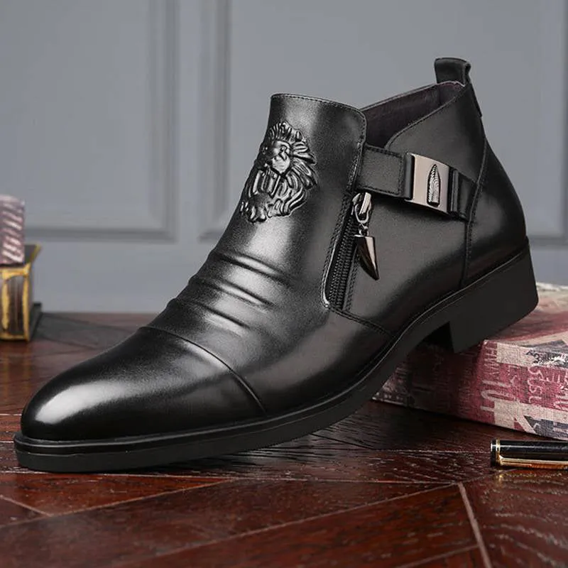 Men's Leather Ankle Boots with Double Side Zipper and Pointed Toe（50% OFF）