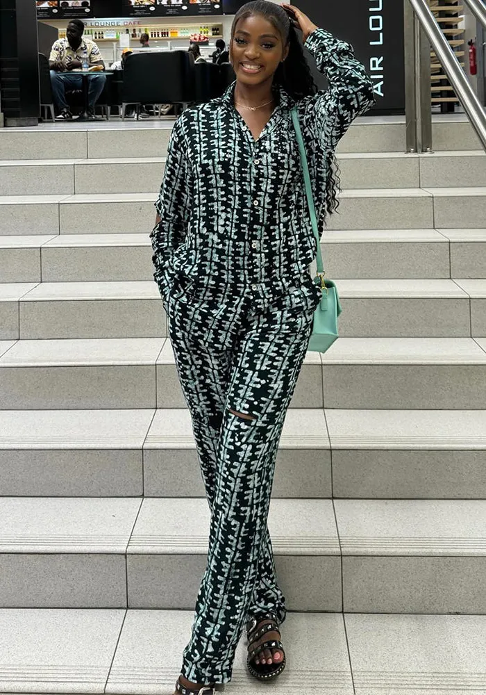 Modern African-Inspired Printed Two-Piece Shirt and Trousers Set
