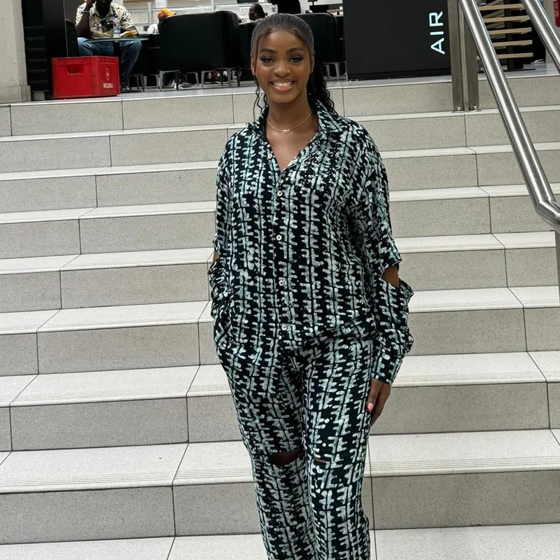 Modern African-Inspired Printed Two-Piece Shirt and Trousers Set