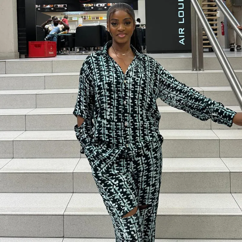 Modern African-Inspired Printed Two-Piece Shirt and Trousers Set
