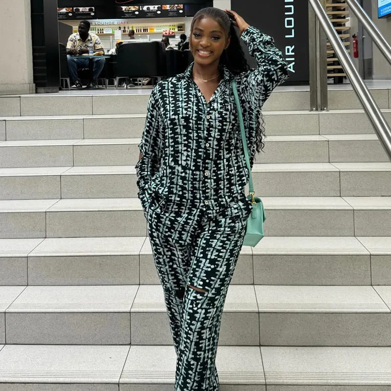 Modern African-Inspired Printed Two-Piece Shirt and Trousers Set
