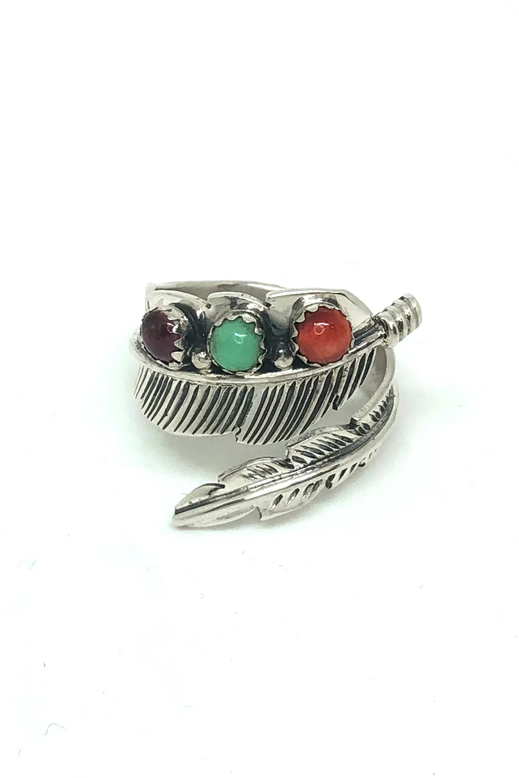 Multi-Stone Sterling Silver Adjustable Feather Ring (size 9)