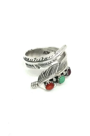 Multi-Stone Sterling Silver Adjustable Feather Ring (size 9)