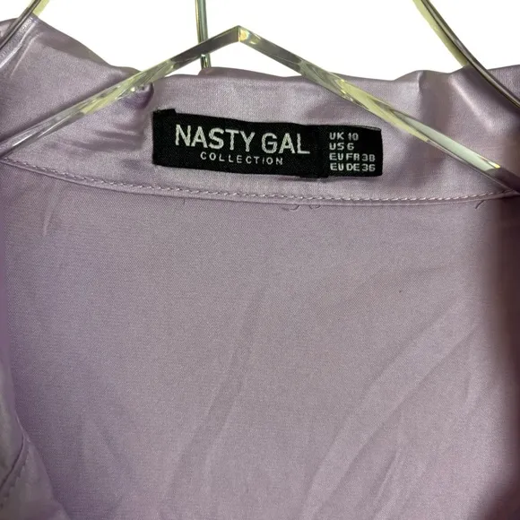 NEW Nasty Gal Satin Feather Pajama Shirt &amp; Pants Set Lilac Purple Size US 6 NWT