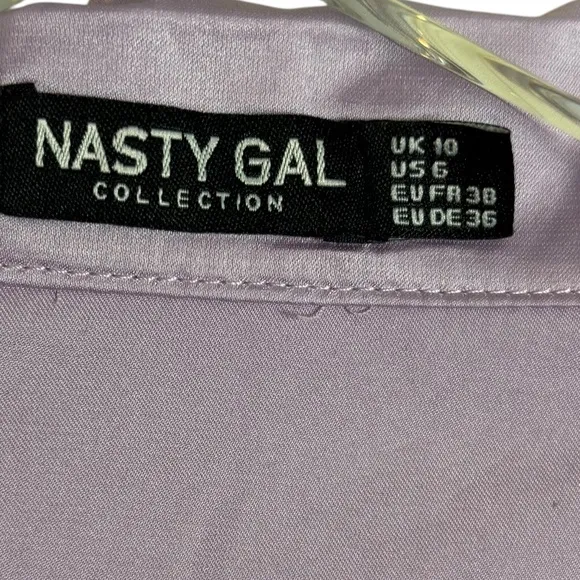 NEW Nasty Gal Satin Feather Pajama Shirt &amp; Pants Set Lilac Purple Size US 6 NWT