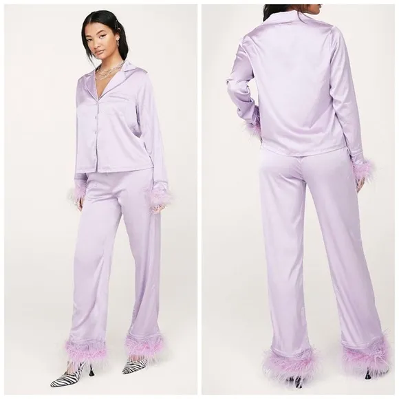 NEW Nasty Gal Satin Feather Pajama Shirt &amp; Pants Set Lilac Purple Size US 6 NWT