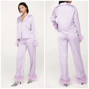 NEW Nasty Gal Satin Feather Pajama Shirt &amp; Pants Set Lilac Purple Size US 6 NWT