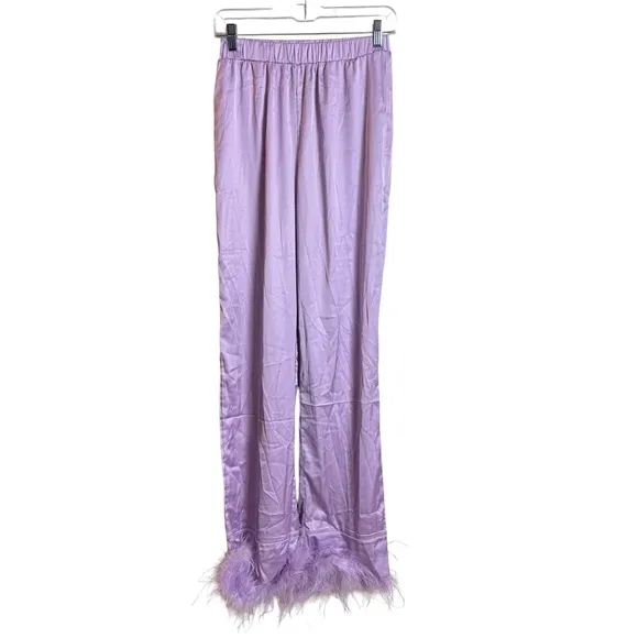 NEW Nasty Gal Satin Feather Pajama Shirt &amp; Pants Set Lilac Purple Size US 6 NWT