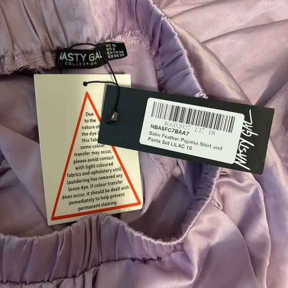 NEW Nasty Gal Satin Feather Pajama Shirt &amp; Pants Set Lilac Purple Size US 6 NWT