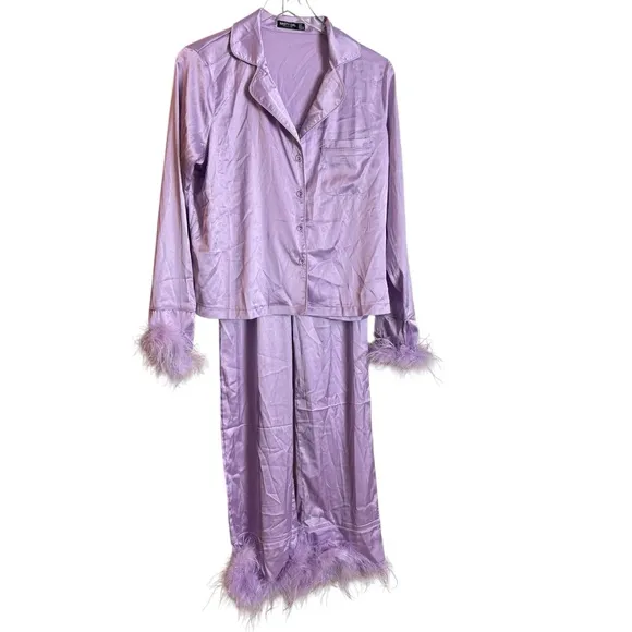 NEW Nasty Gal Satin Feather Pajama Shirt &amp; Pants Set Lilac Purple Size US 6 NWT
