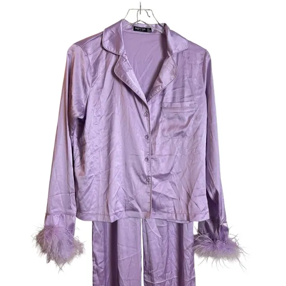 NEW Nasty Gal Satin Feather Pajama Shirt &amp; Pants Set Lilac Purple Size US 6 NWT